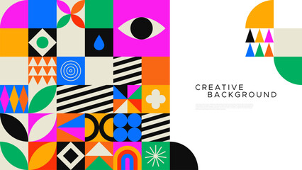 Colorful geometric mosaic web template illustration with creative abstract shapes. Modern scandinavian style background. Trendy bright symbols and minimalist shape texture, geometry collage.