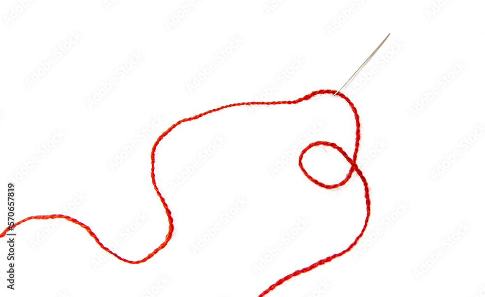 Red thread isolate on white background. Selective focus. Old. Stock ...