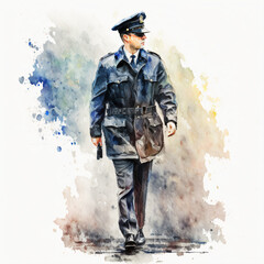 a police officer with full uniform on patrol watercolor painting isolated on a white background gene