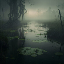 Illustration Of A Murky Swamp In The Mist Generative Ai