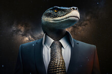 Realistic Illustration Of A Man In Formal Suit With Snake Head On A Starry Background, Digital Art, Realism, Short Medium Shot.