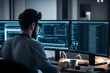 Wall Mural - male office worker browsing the internet on his computer in his workspace facing a virtual environme