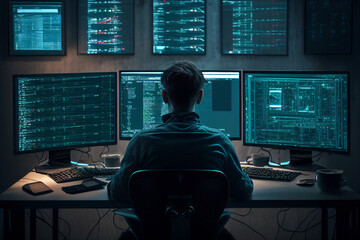 Wall Mural - male office worker browsing the internet on his computer in his workspace facing a virtual environme