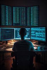 Wall Mural - male office worker browsing the internet on his computer in his workspace facing a virtual environme