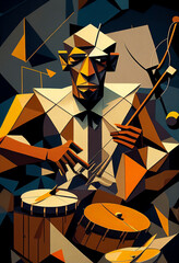 Wall Mural - Afro-American male jazz musician drummer playing drums in an abstract geometric cubist style painting for a poster or flyer, computer Generative AI stock illustration image