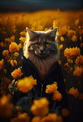 Wall Mural - cat as a fashion model in flowers field created by generative ai