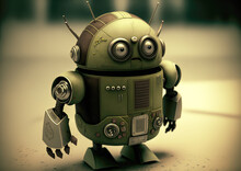 A Green Steel Android Robot Standing On A Beige Surface. Created With Generative AI.