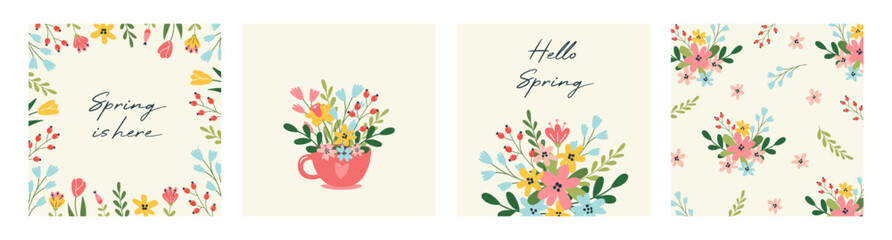 Wall Mural - Collection of spring greeting card or postcard templates with flowers, floral pattern. Lovely cute illustration for 8 March, Women's Day celebration.
