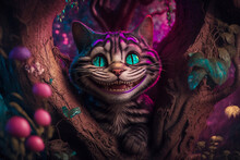 Cheshire Cat With Pink And Purple Stripes From Alice In Wonderland. Generative AI