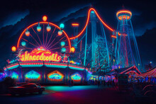 Evening Fabulous Amusement Park, Night Time, Multicolored, Neon Light. Generative AI
