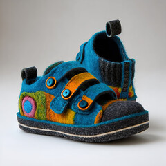 Wall Mural - Children's low top shoes. Kids fashionable sneakers made of felt. generative ai. Colorful baby shoes with velcro strap