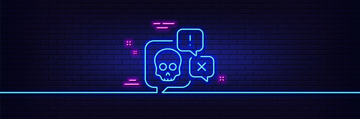 Wall Mural - Neon light glow effect. Cyber attack line icon. Ransomware threat sign. Hacker skull chat symbol. 3d line neon glow icon. Brick wall banner. Cyber attack outline. Vector