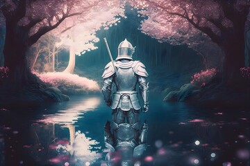 Canvas Print - Blossom Forest Background with a Knight | AI Generated Wallpaper/Background |