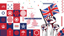 UK Day Banner Design For 2023. Abstract Geometric Banner For The National Day Of UK In Shapes Of Red And Blue Colors. UK Flag Theme With Landmark Background.