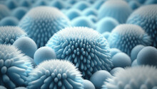 Abstract White And Blue Background Design With Shapes And Structures Resembling Microorganisms, Cells, Or Bacteria. Suitable For Biological And Technological Concepts. Generative AI.