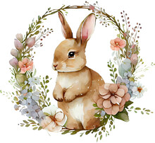 Easter Bunny With Flowers Watercolor Illustration. Generative AI