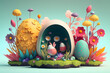 3d render illustration of easter eggs and flowers with a fairy tale theme made with Generative AI