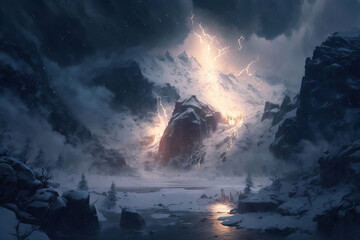  lightning On Mountain Top, Snowy Landscape, Cloudy Weather Fantasy Setting. generative ai