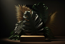Product Display Podium For Natural Product. Empty Scene With Tropical Leaves. Generative Ai