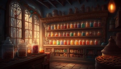 Wall Mural - Old and magical sweet shop. Generative AI.
