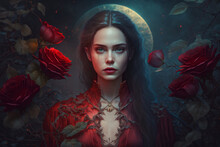 Vampire Woman In A Red Dress, In A Dark Forest And Roses, Generative AI	
