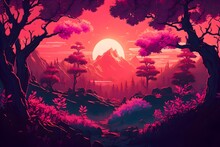 Beautiful Forest Landscape With A Sunset Synthwave Style | Ai Generated Synthwave Wallpaper/Background |
