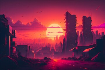 Wall Mural - Cyberpunk City landscape with a sunset | Ai Generated Wallpaper/Background |