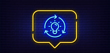 Neon Light Speech Bubble. Idea Line Icon. Lightbulb Sign. Core Value Symbol. Neon Light Background. Idea Glow Line. Brick Wall Banner. Vector