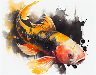 Wall Mural - Watercolor illustration of a Koi Carp fish in Black, white, and Gold pattern on a white background with dark splashes of color. Generative AI.