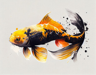 Wall Mural - Watercolor illustration of a Koi fish in Black and Gold pattern on a white background. Generative AI.