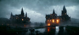 Fototapeta Londyn - A magical castle at stormy night digital art
