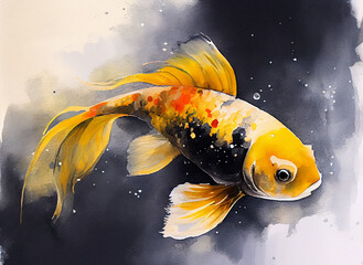 Wall Mural - Watercolor illustration of a Koi fish in Black, white, and Yellow pattern on a white background with dark splashes of color. Generative AI.