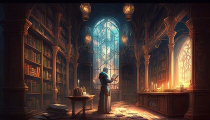 Canvas Print - Old and magical library. Generative AI.
