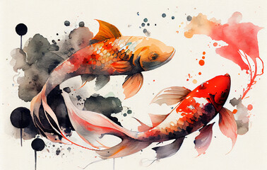 Wall Mural - Watercolor illustration of Koi fish on white background with a dark color splash. Generative AI.