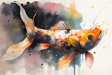 Wall Mural - Watercolor illustration of Koi fish on white background with a dark color splash. Generative AI.