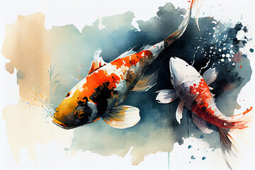 Wall Mural - Watercolor illustration of Koi Carp fish on white background with a dark color splash. Generative AI.