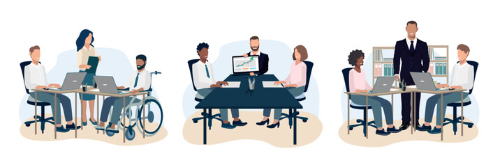 A business meeting. Business men and women confer and discuss profit, business ideas and development strategy. Set of vector business illustrations in flat style.