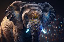 Close Up Shot Of An Elephant With Neon Lights On A Dark Background.  Generative AI