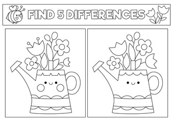 Sticker - Garden black and white kawaii find differences game for children. Coloring page with cute watering can and flowers. Spring holiday line puzzle for kids. Printable what is different worksheet.