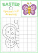 Garden symmetrical drawing worksheet. Complete the butterfly picture. Vector spring holiday writing practice worksheet. Printable black and white activity for preschool kids. Copy the picture.