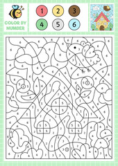 Wall Mural - Vector garden or farm color by number activity with cute kawaii country house. Spring holiday scene. Black and white counting game with funny cottage, bird. Easter coloring page for kids.