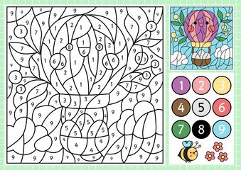 Wall Mural - Vector Easter color by number activity with cute kawaii hot air balloon with eggs. Spring holiday scene. Black and white counting game with funny character. Garden coloring page for kids.