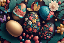 Easter Pattern With Colorful Decorations. Ai Generated Easter Pattern On Green Theme. Traditional Easter Decorations On Seamless Background.