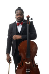 Wall Mural - Portrait of a african american musician in a black suit and bow-tie playing a cello isolated on white background