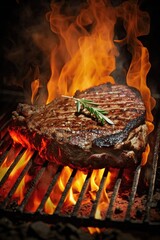 Grilled Beef Steak on grill grate with fire. Vertical composition. Created with Generative AI technology.