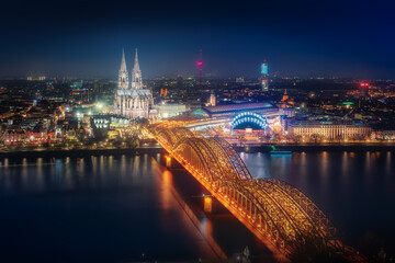 Poster - Cologne aerial view at night with Cathedral and Hohenzollern Bridge - Cologne, Germany