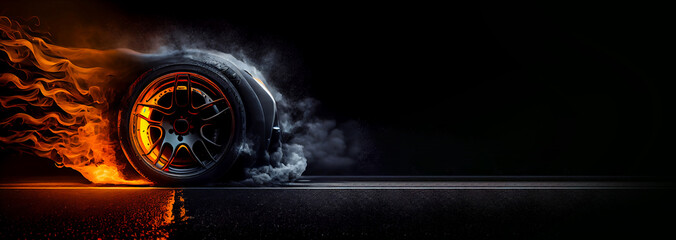 Racing hot wheels. Burning wheel tire isolated on black background. Space for text, message, advertisement. Generative AI