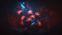  A Painting Of A Tree With Red And Pink Flowers On It's Branches And A Blue Sky In The Background With Stars And Lights.  Generative Ai