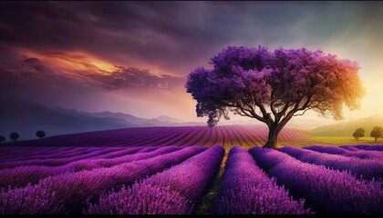 Wall Mural -  a lone tree in a lavender field at sunset with mountains in the distance and a purple sky above it, with a purple hued field of lavender flowers in the foreground.  generative ai