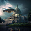 Flying Saucer landing at the US Capital building by generative AI